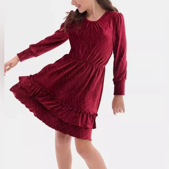 RARE EDITIONS BURGUNDY LONG SLEEVE VELVET DRESS - Picture 1 of 7